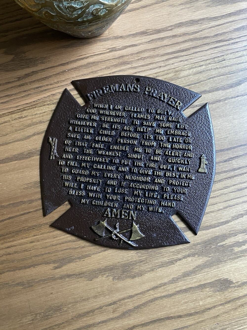 Vintage Fireman Prayer Maltese Cross Metal Firefighter Wall Plaque Metal Sign